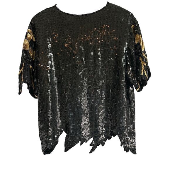 VTG Royal Feelings Medium Silk Beaded Sequined Black & Gold Floral Even Blouse - Picture 2 of 6